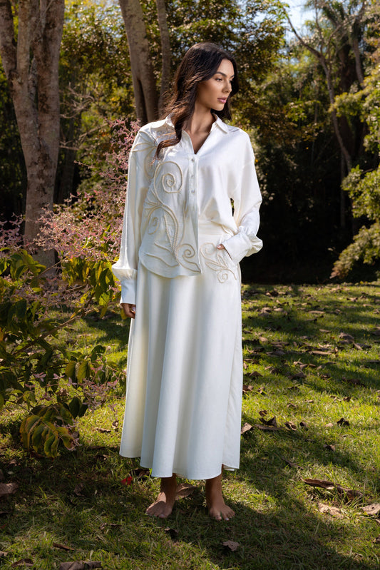 SAIA MIDI DE LINHO BORDADA CAMBURI - Off White