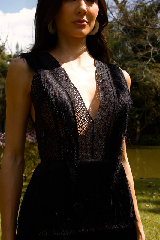 VESTIDO LONGO DE FRANJAS AMAPÁ - Preto