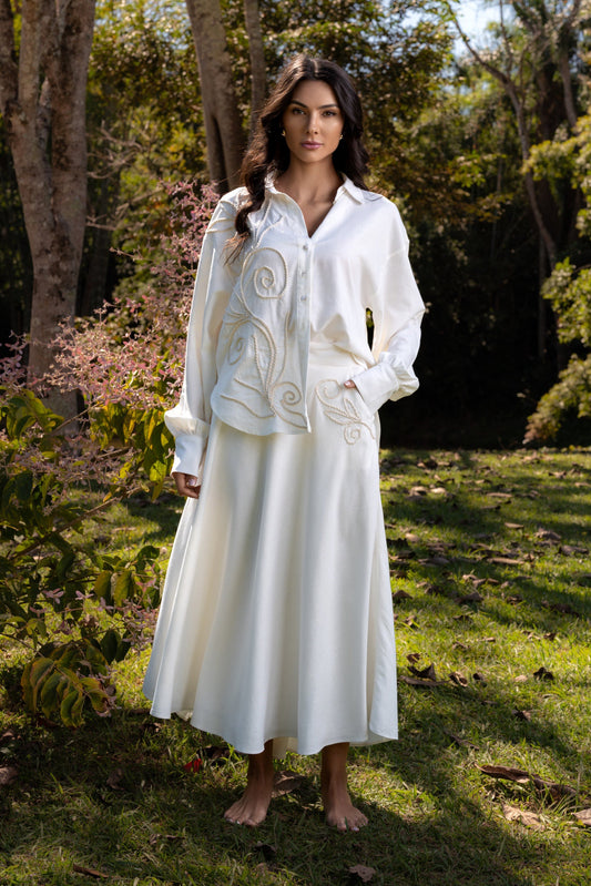 SAIA MIDI DE LINHO BORDADA CAMBURI - Off White