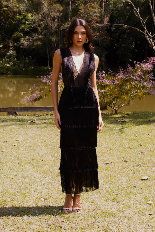 VESTIDO LONGO DE FRANJAS AMAPÁ - Preto