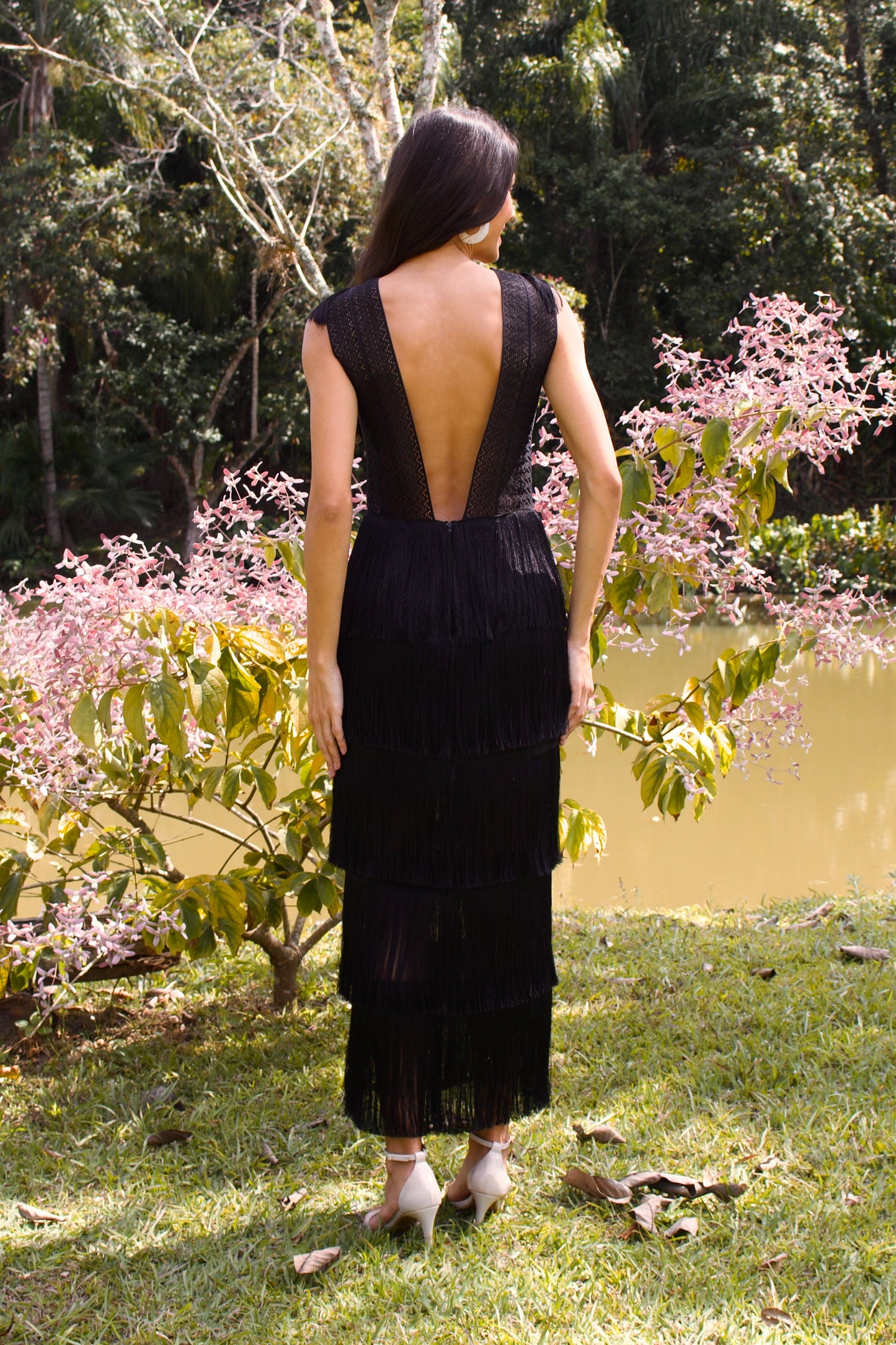 VESTIDO LONGO DE FRANJAS AMAPÁ - Preto